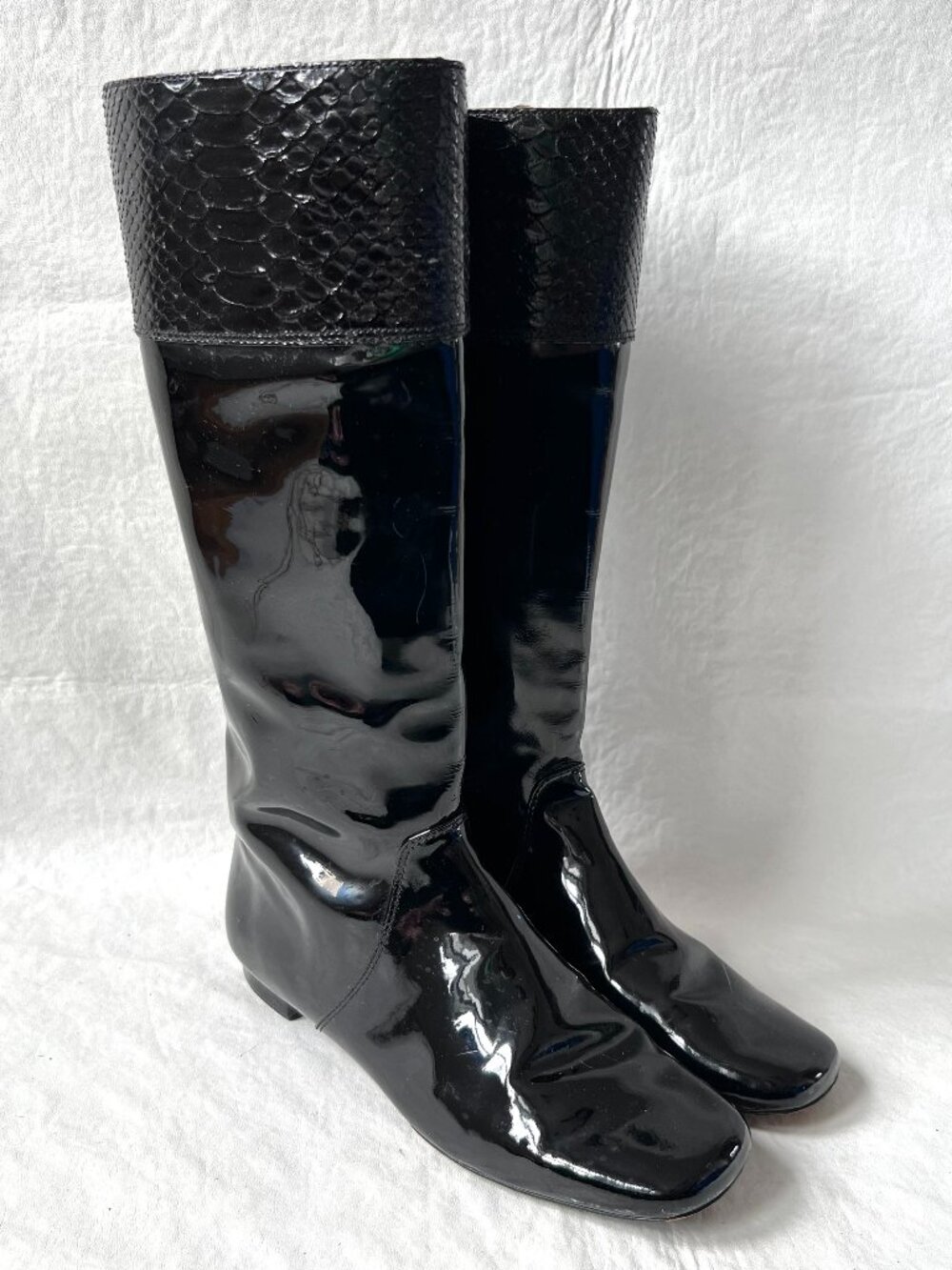 Coach boots knee high Fresna womens 7.5 black patent leather snake zip up flat